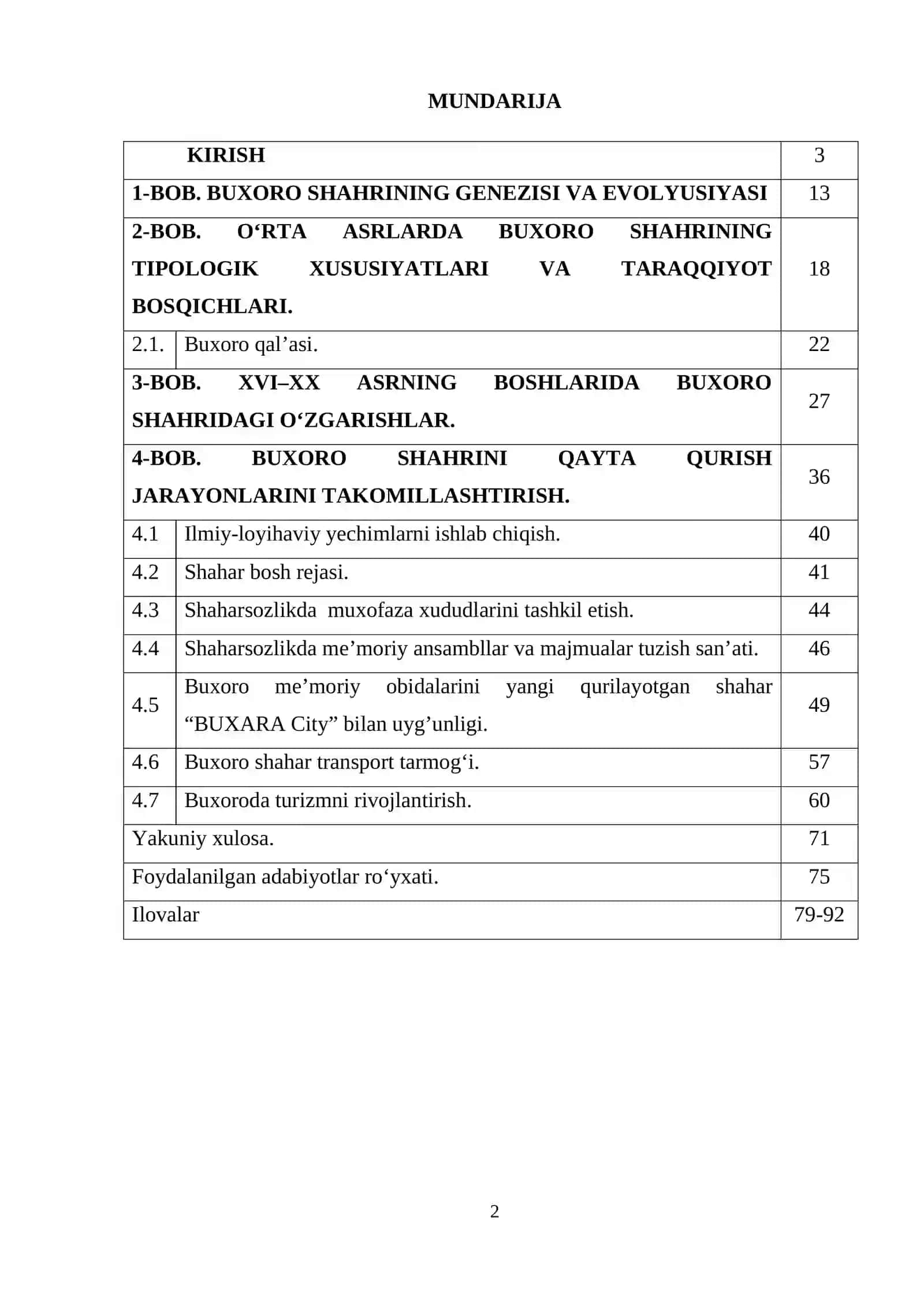 Buxoroning o‘rta asrlardagi shaharsozlik rejaviy an’analarini ilmiy tadqiq qilish va ulardan zamonaviy shaharsozlikda foydalanish BMI 2