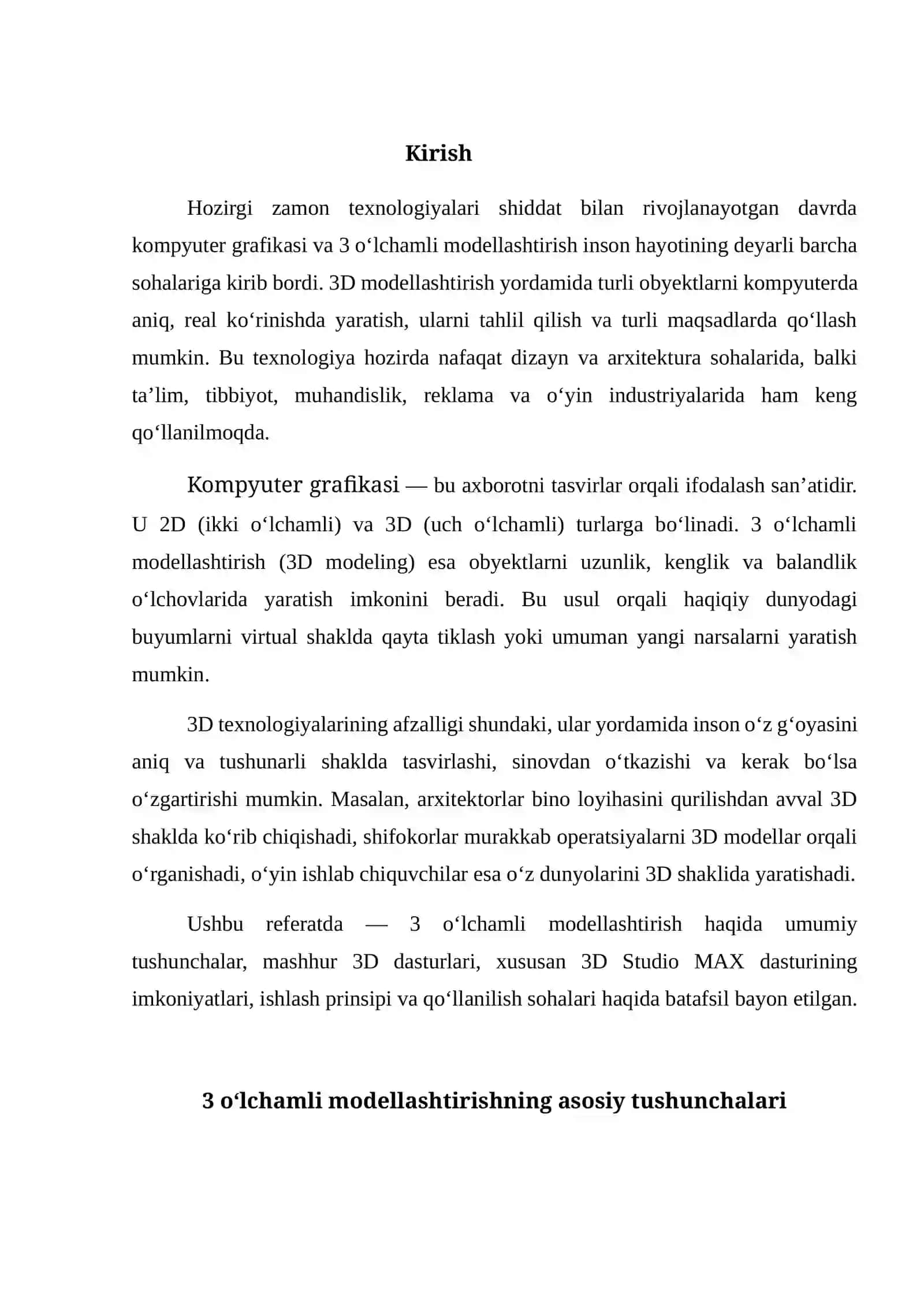 "Kompyuterda 3 o‘lchamli modellashtirish dasturlari. 3D Studio MAX" mavzusida referat 2
