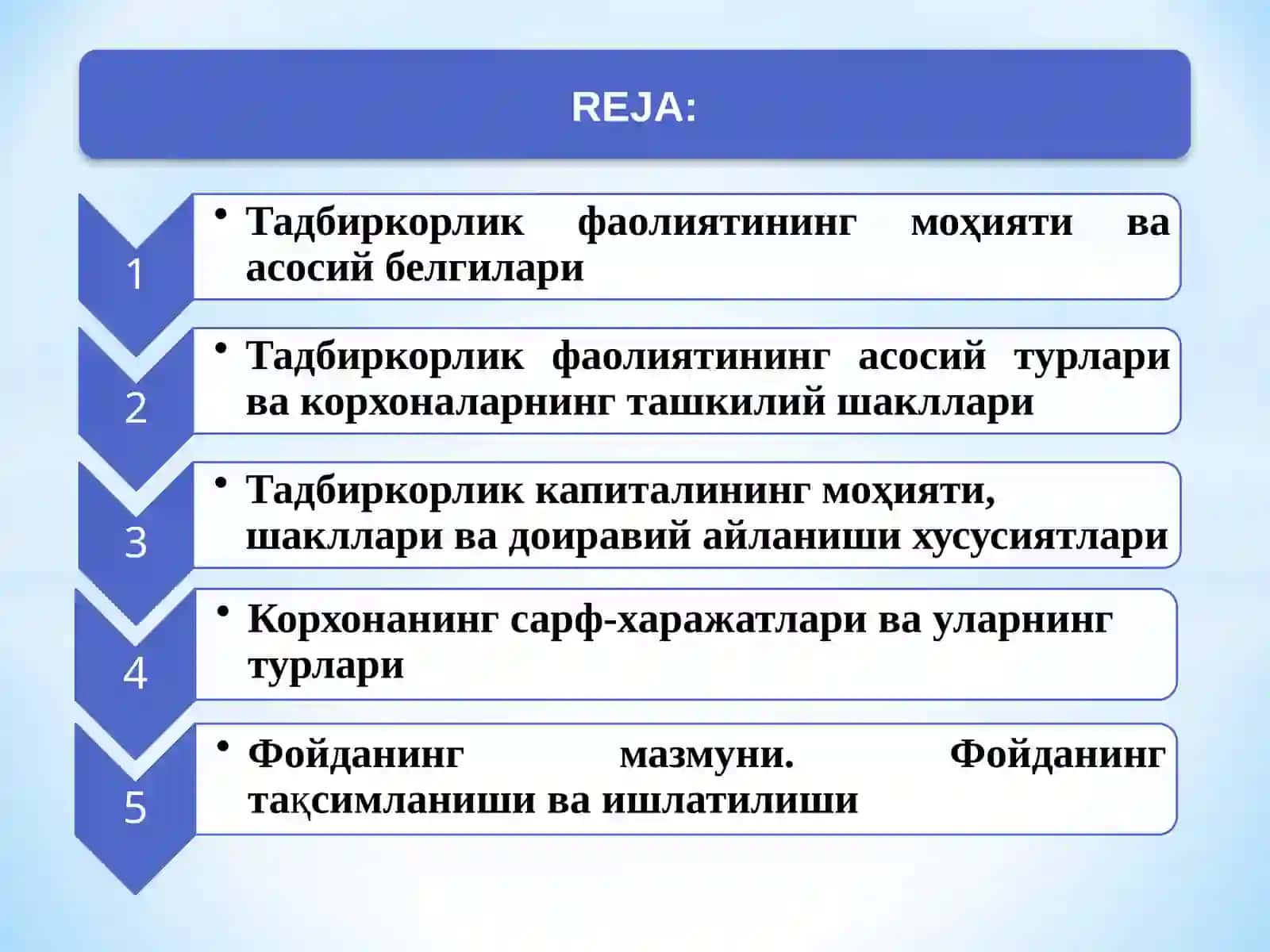 TADBIRKORLIK FAOLIYaTI VA TADBIRKORLIK KAPITALI. KORXONA (FIRMA) SARF-XARAJATLARI VA FOYDASI 2