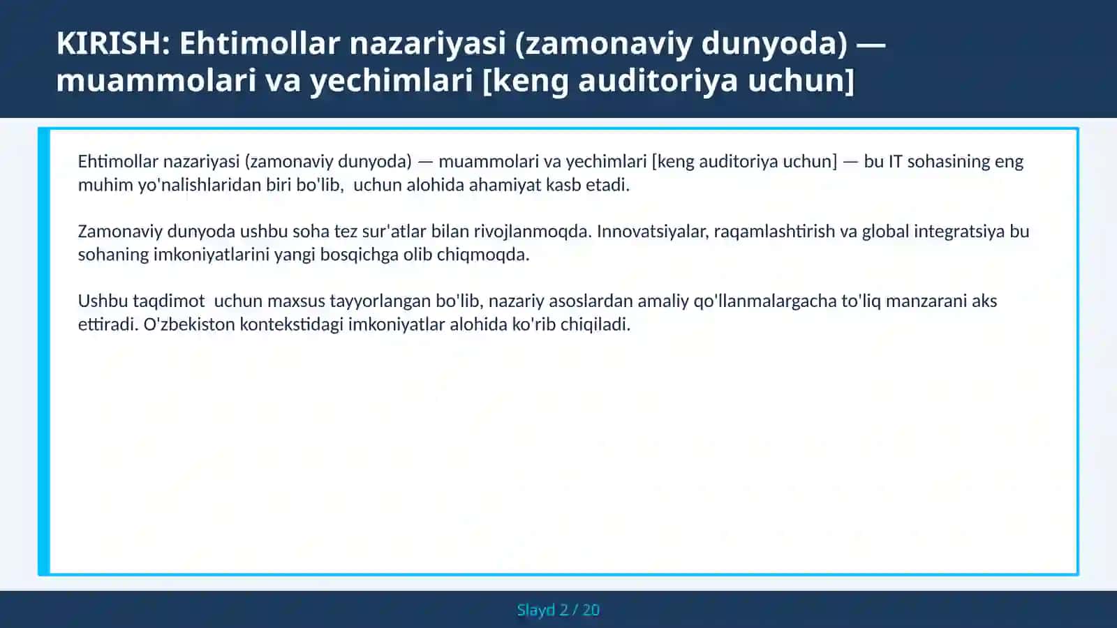Ehtimollar nazariyasi (zamonaviy dunyoda) — muammolari va yechimlari [keng auditoriya uchun] 2