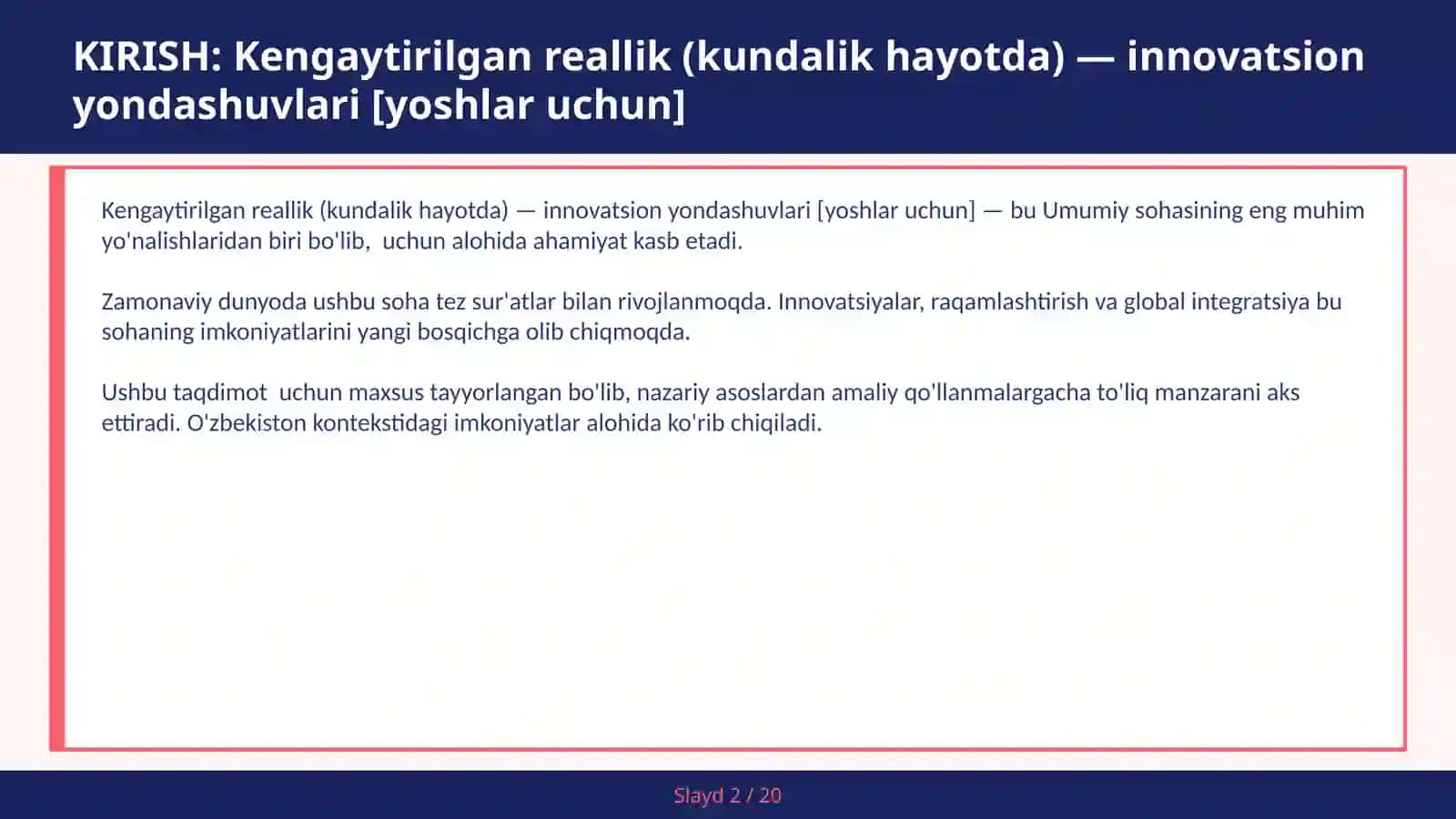 Kengaytirilgan reallik (kundalik hayotda) — innovatsion yondashuvlari [yoshlar uchun] 2