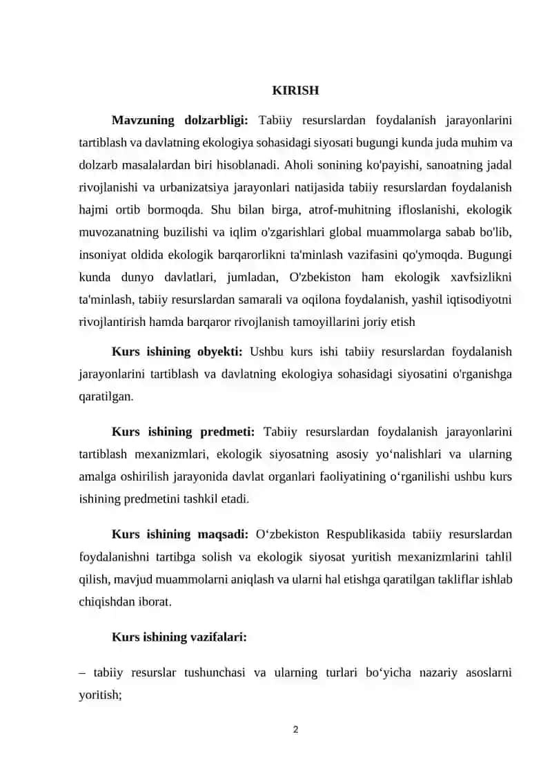 Tabiiy resurslardan foydalanish jarayonlarini tartiblash va davlatning ekologiya 2
