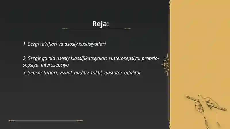 Sezgining tasnifi, sezgi klassifikasiyalari, qonuniyatlari, chet el psixologiyasida sezgi nazariyalari 2