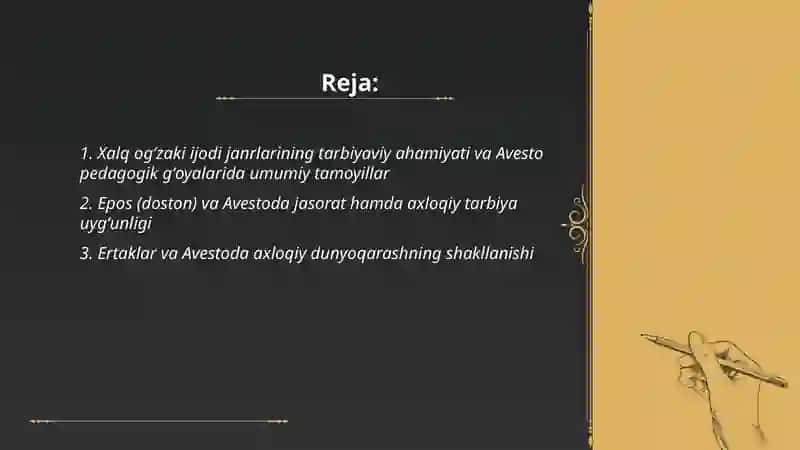 Xalq ogʻzaki ijodi janrlarining tarbiyaviy ahamiyati Avesto va xalq pedagogikasi gʻoyalaridagi uyğunlik 2