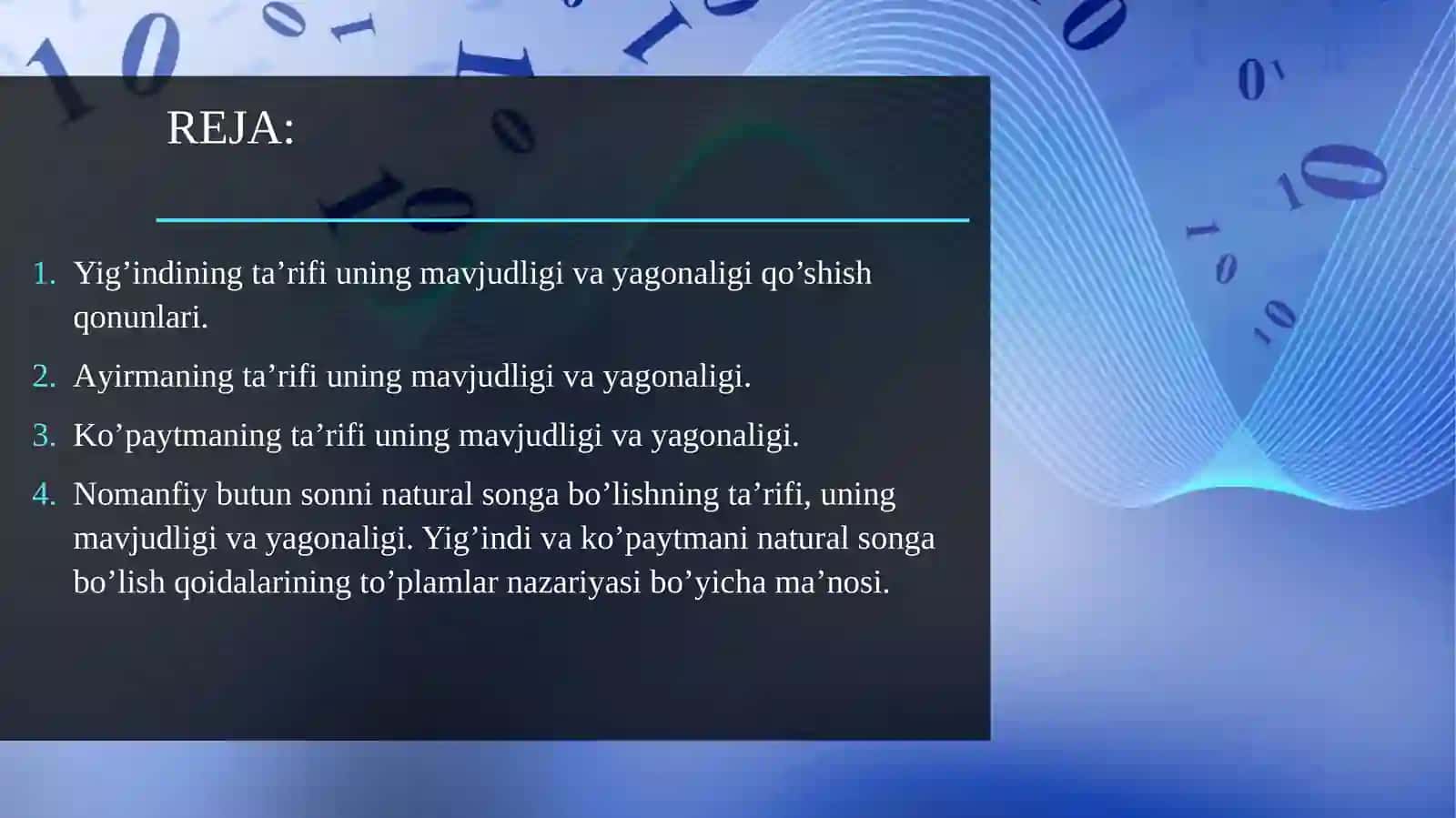 Nomanfiy butun sonlar ustida bajariladigan amallar xossalarini isbotlash 2