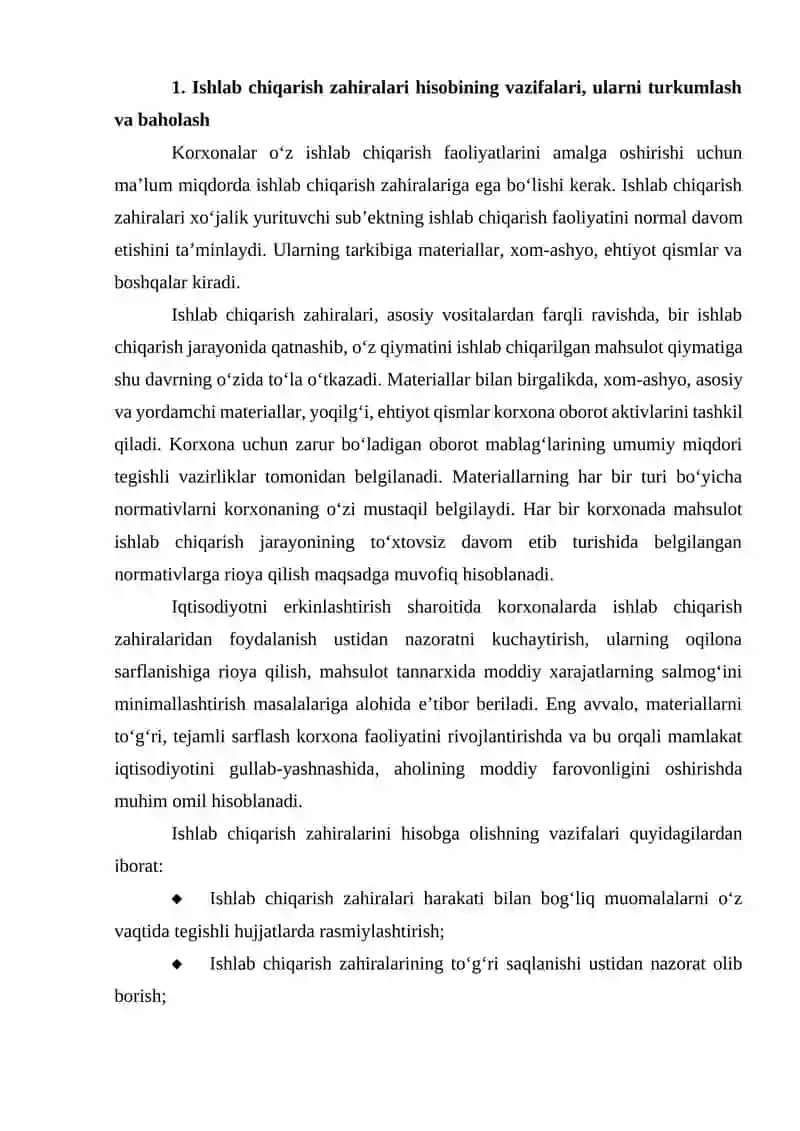 Ishlab chiqarish zahiralari hisobining vazifalari 2