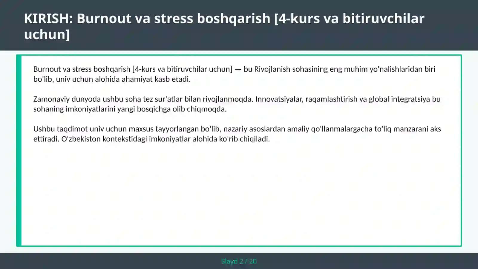 Burnout va stress boshqarish [4-kurs va bitiruvchilar uchun] 2