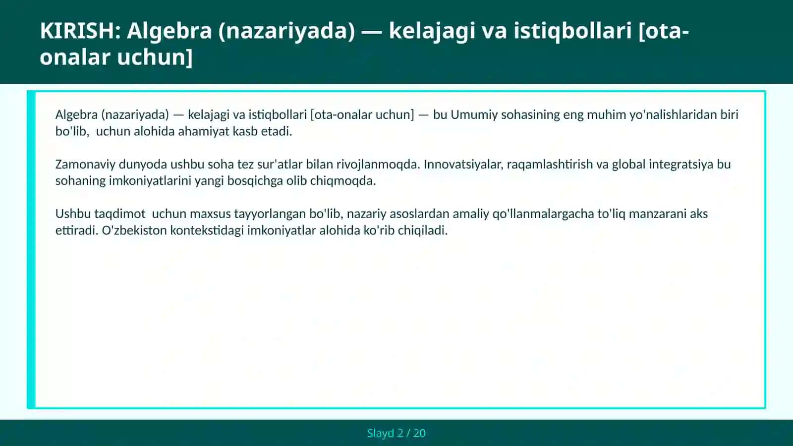 Algebra (Nazariyada) - Kelajagi va Istiqbollari [Ota-Onalar Uchun] 2