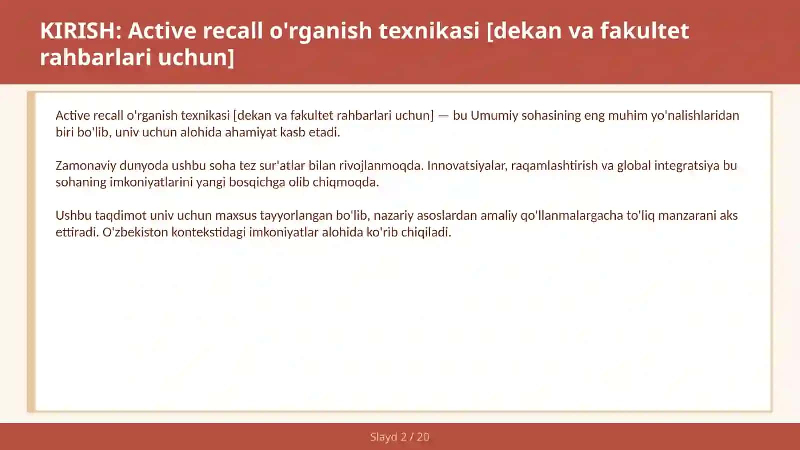 Active recall o'rganish texnikasi [dekan va fakultet rahbarlari uchun] 2