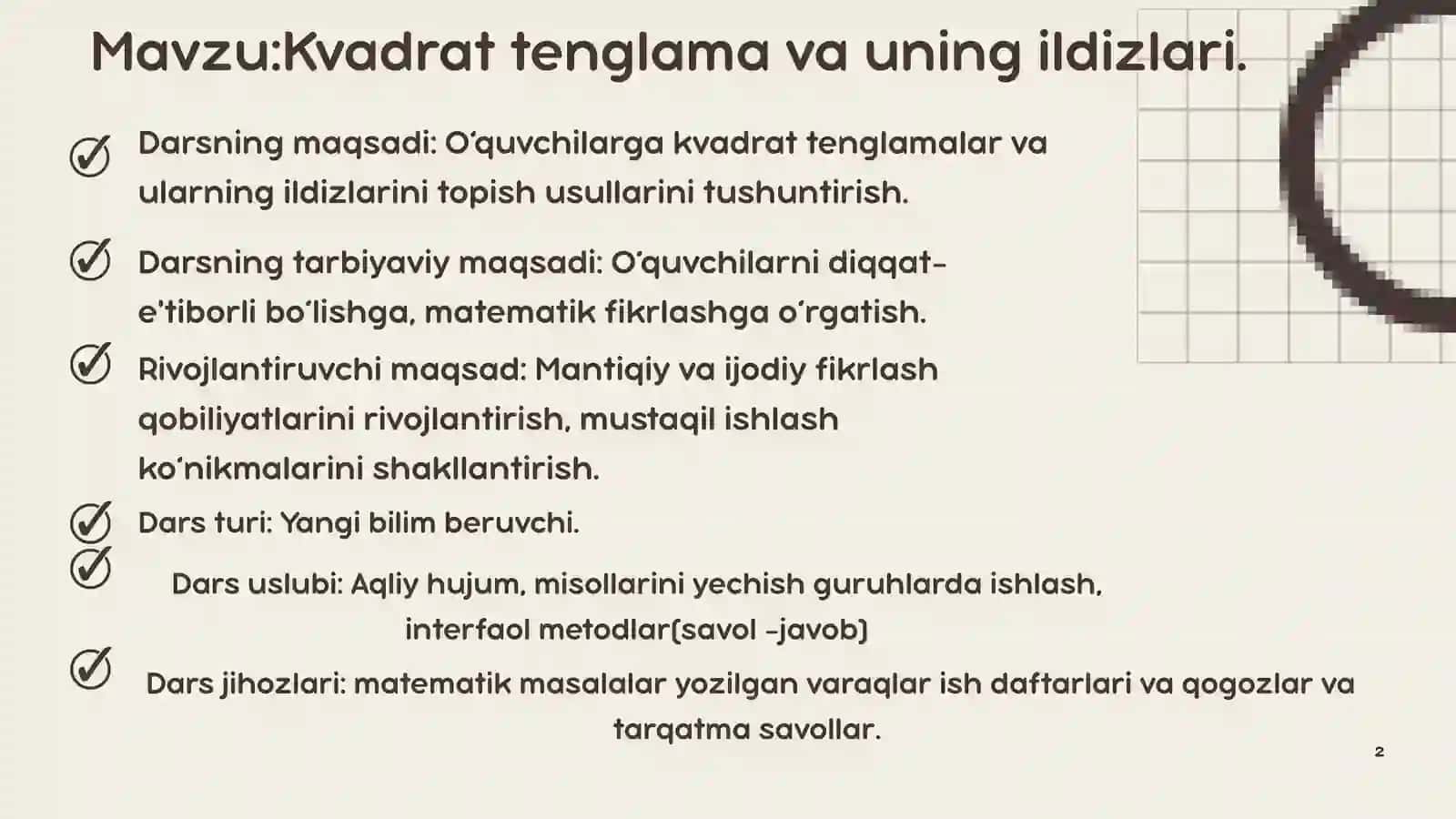 Kvadrat tenglamalar va uning ildizlari (8-sinf,ochiq dars). 2