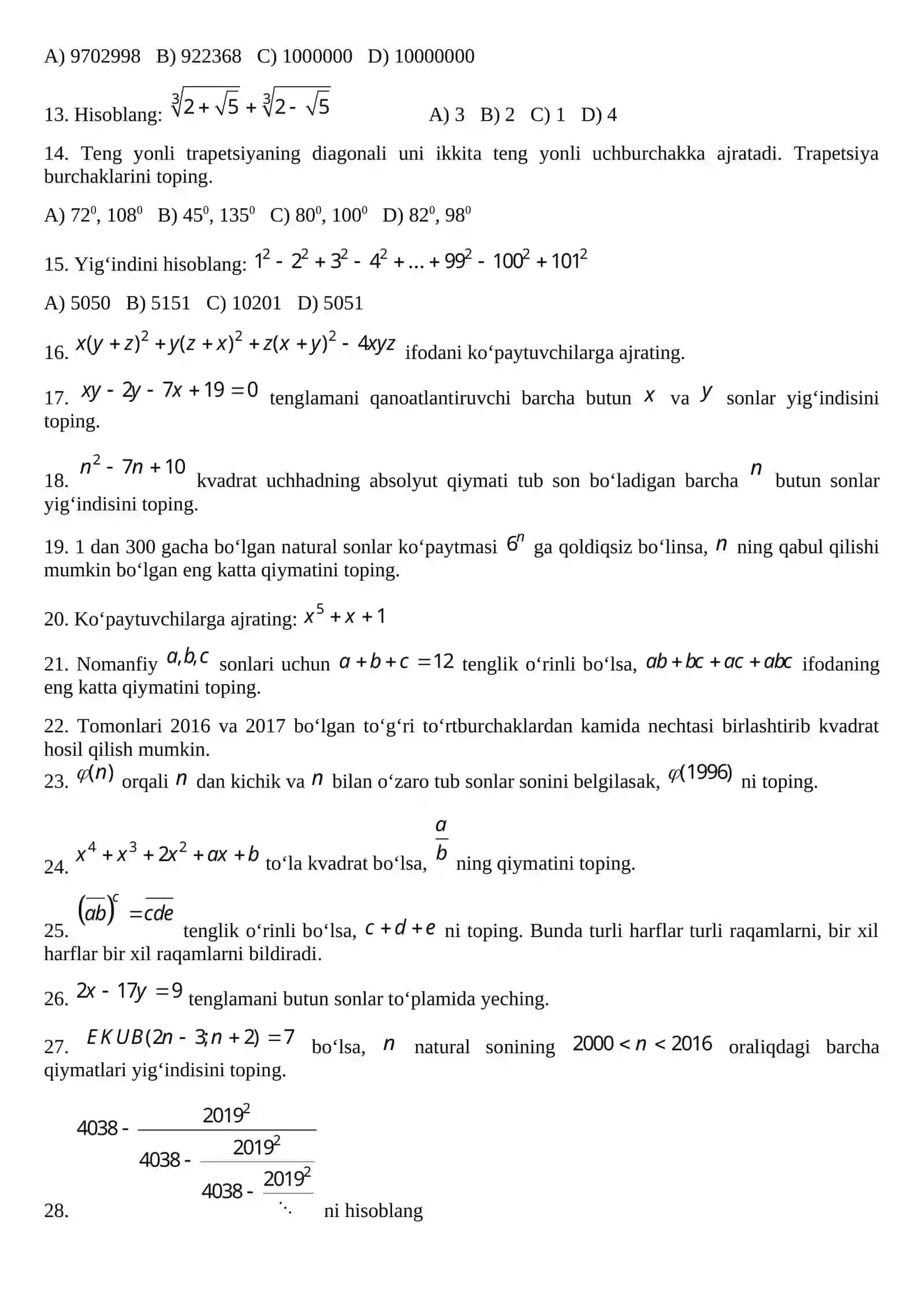 Al-Xorazmiy olimpiadasi Matematika testi 2