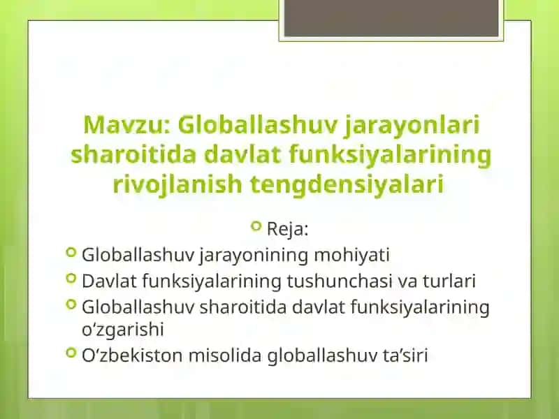 Globallashuv jarayonlari sharoitida davlat funksiyalarining rivojlanish tengdensiyalari 2