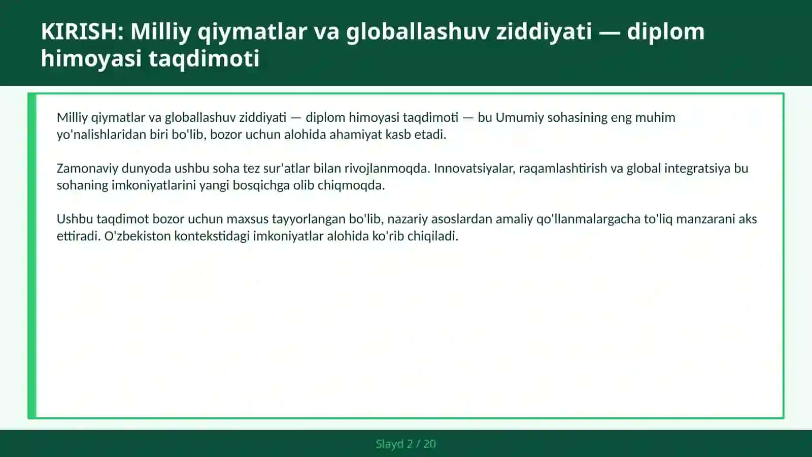 Milliy qiymatlar va globallashuv ziddiyati — diplom himoyasi taqdimoti 2