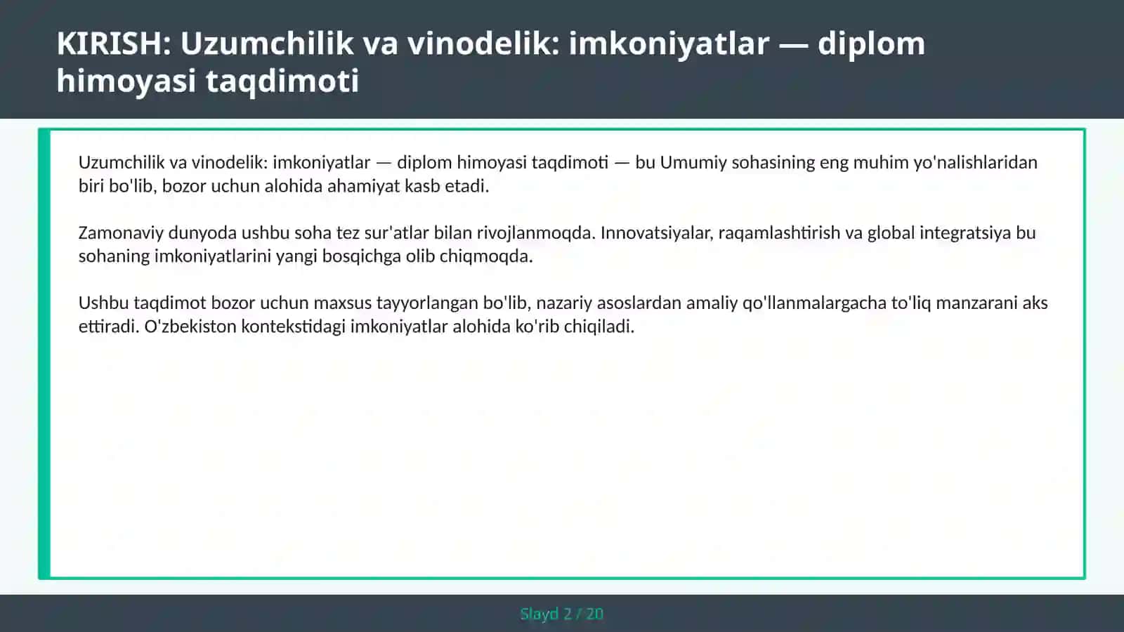 Uzumchilik va vinodelik: imkoniyatlar — diplom himoyasi taqdimoti 2