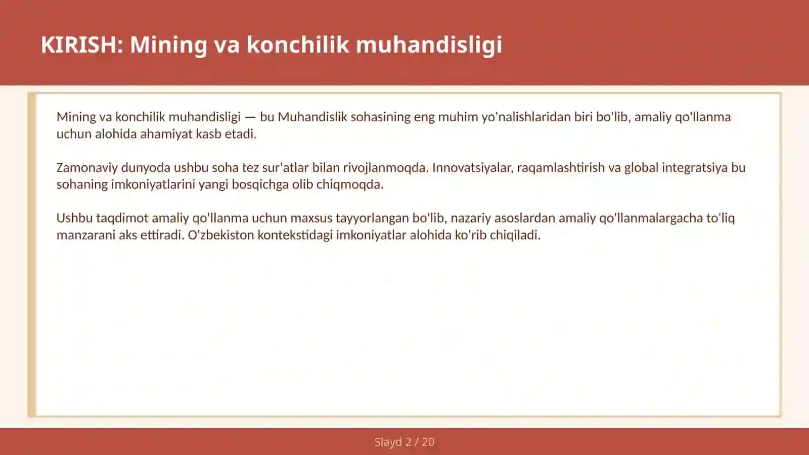MINING VA KONCHILIK MUHANDISLIGI Konlar, ekstraksiya va xavfsizlik — amaliy qo'llanma 2030 kelajak yili 85% samaradorlik $1T+ global bozor O'zbekiston | Bilim va Kelajak | 2025 KIRISH: Mining va konchilik muhandisligi 2
