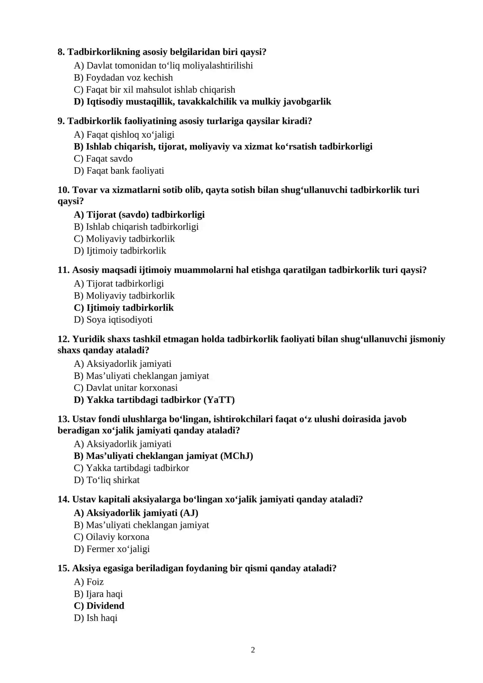 TADBIRKORLIK ASOSLARI” DAN 100 TA TEST SAVOLLARI JAVOBLARI BILAN 2