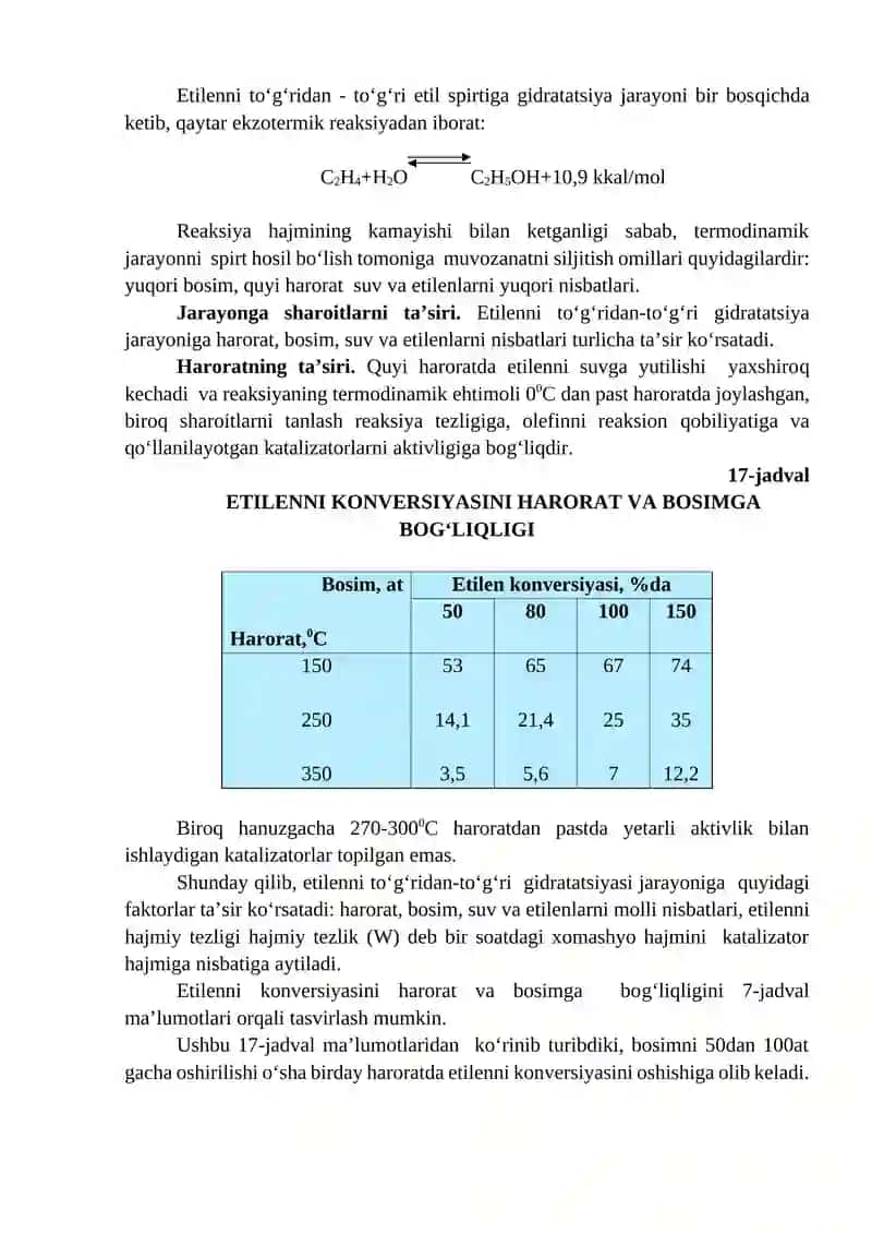 Etilenni to‘g‘ridan-to‘g‘ri gidratatsiyasi 2