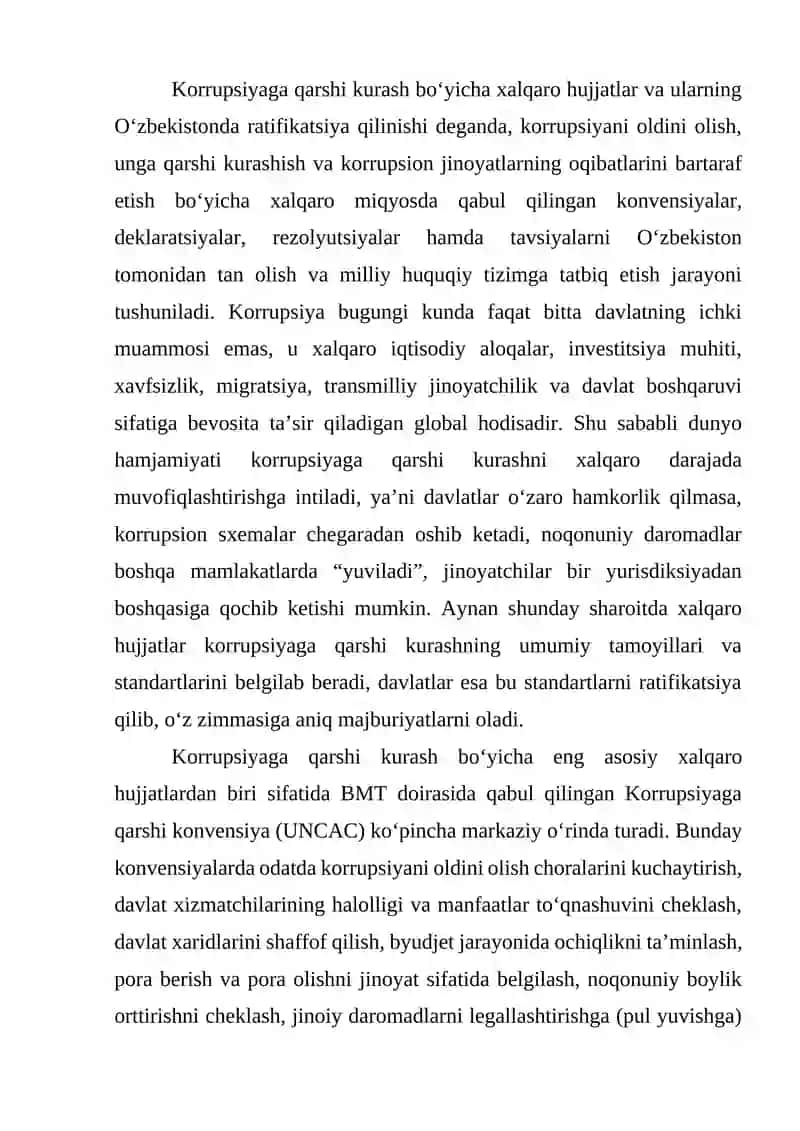 Korrupsiyaga qarshi kurash bo‘yicha xalqaro qonunlar va qarorlarning O‘zbekistonda ratifikatsiya qilinishining ahamiyati, iqtisodiy-siyosiy va ijtimoiy-huquqiy mexanizmlari 2