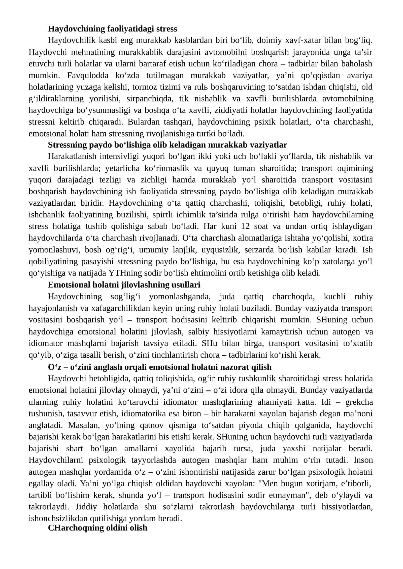 Avtotransport vositasini boshqarishga ta’sir etuvchi psixik holatlar: charchoq, birxillik, emotsional bosim 2