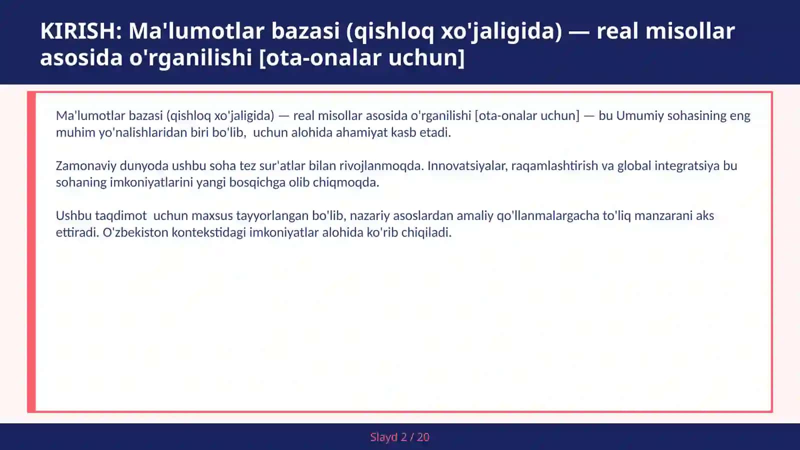 Ma'lumotlar bazasi (qishloq xo'jaligida) — real misollar asosida o'rganilishi [ota-onalar uchun] 2