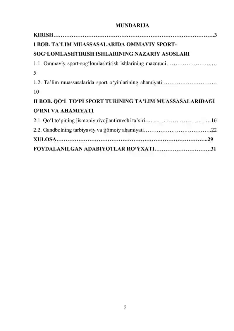Ta'lim muassasalarida ommaviy sport-sog'lomlashtirish ishlarida qo'l to'pi sport turining o'rni 2