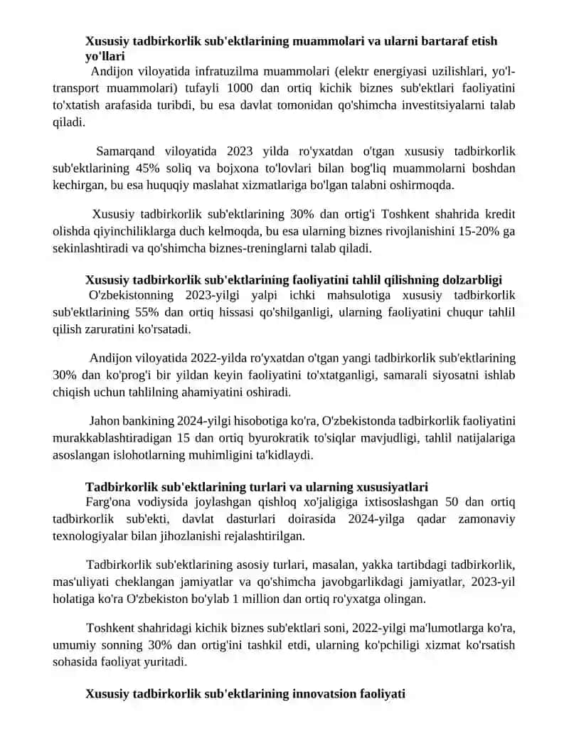 Xususiy tadbirkorlik subyektlari faoliyatini tahlil qilish 2