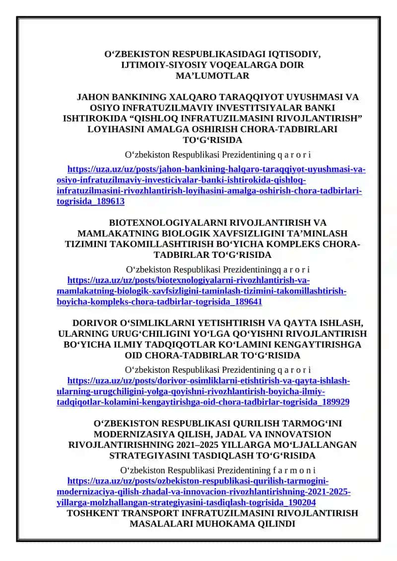 O‘ZBEKISTON RESPUBLIKASIDAGI IQTISODIY, IJTIMOIY-SIYOSIY VOQEALARGA DOIR MA’LUMOTLAR 2