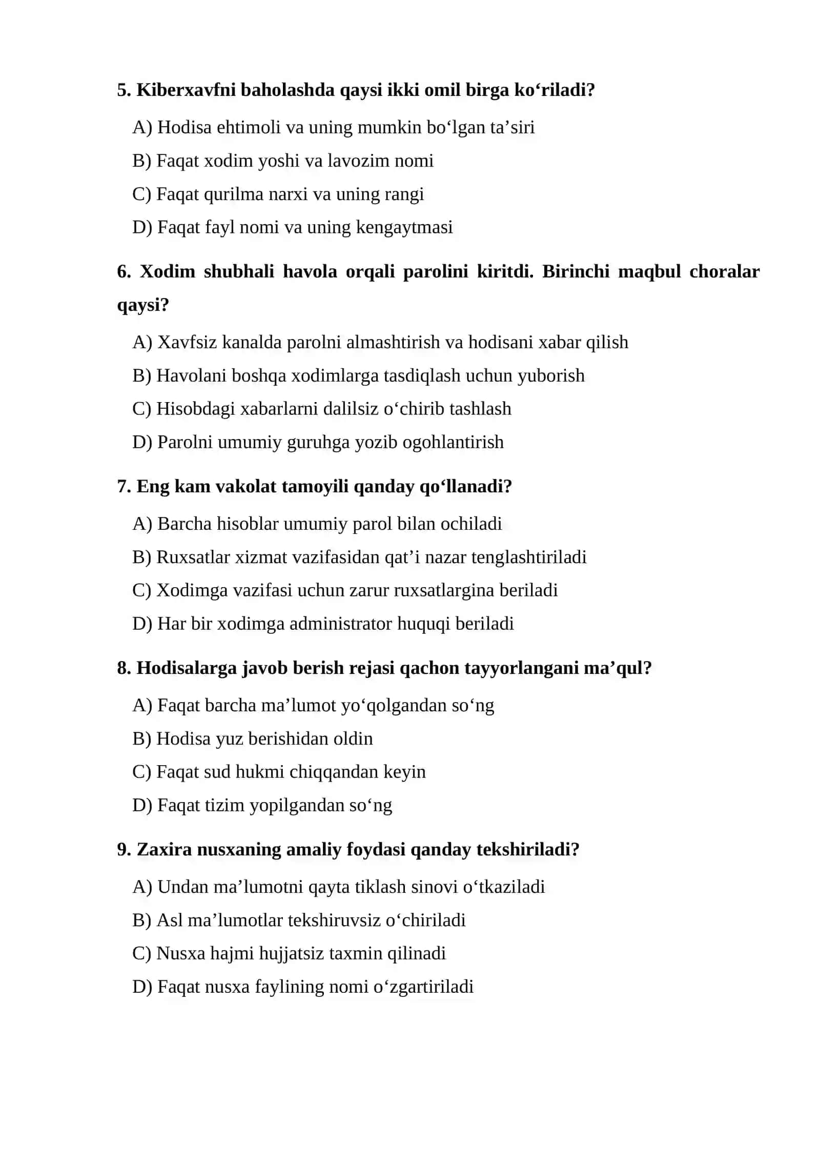 Kiberxavfsizlikning huquqiy va amaliy jihatlari TEST 2