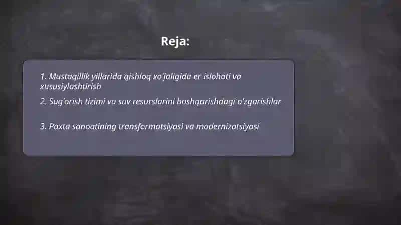 Mustaqillik yillarida qishloq xo'jaligi va sanoat sohasidagi o'zgarishlar 2