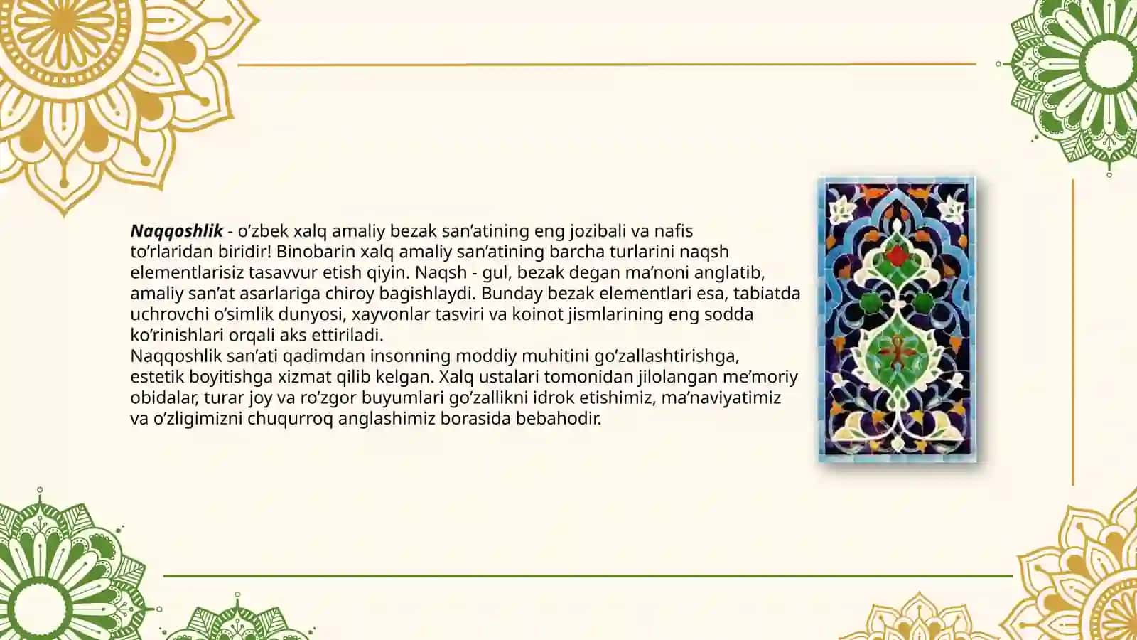 “Naqshvauning turlari. Oddiyna qshelementlari nichizish” 2