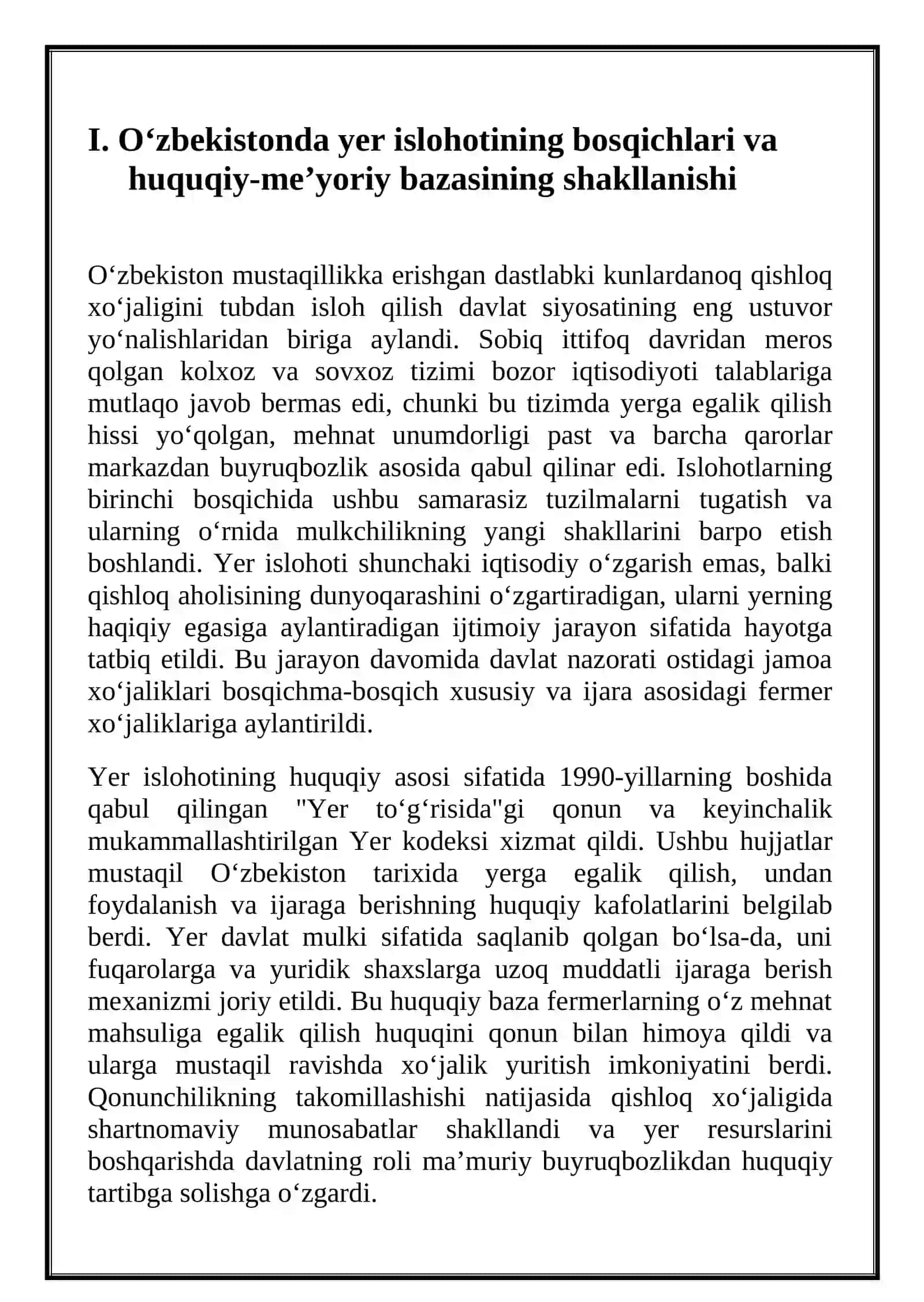 Qishloq xo‘jaligida yer islohoti va fermerlik harakati: Yerga egalik qilishning huquqiy va iqtisodiy asoslari 2