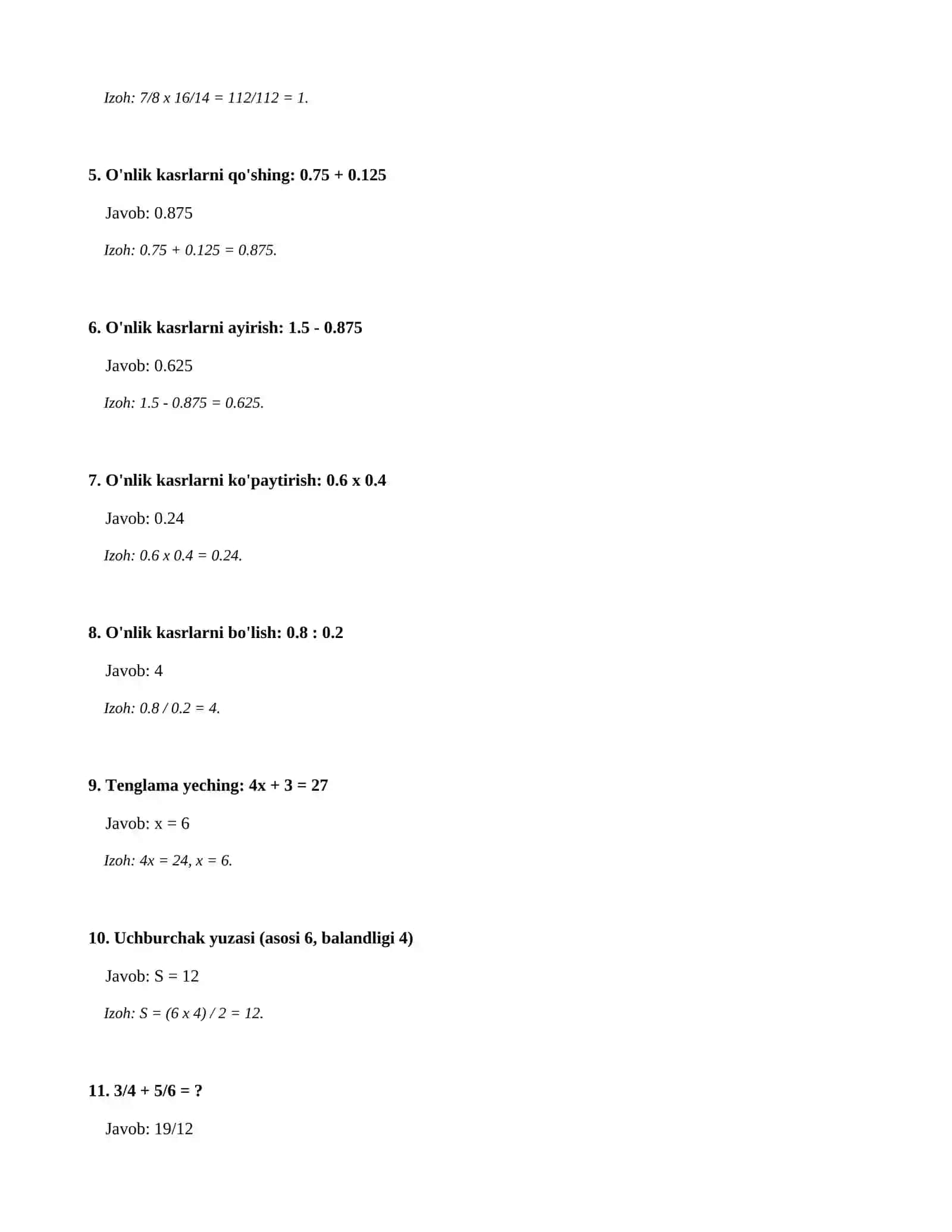 7-sinf-SINF MATEMATIKA FANIDAN NAZORAT ISHI (100 ta savol) 2