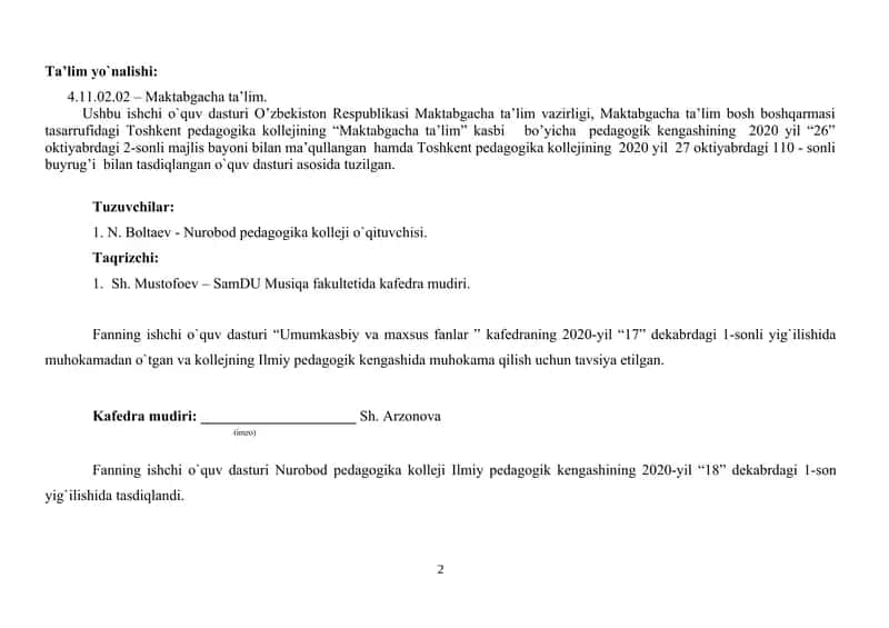 "Bolalarning Musiqli Talimi" fani dasturi 2