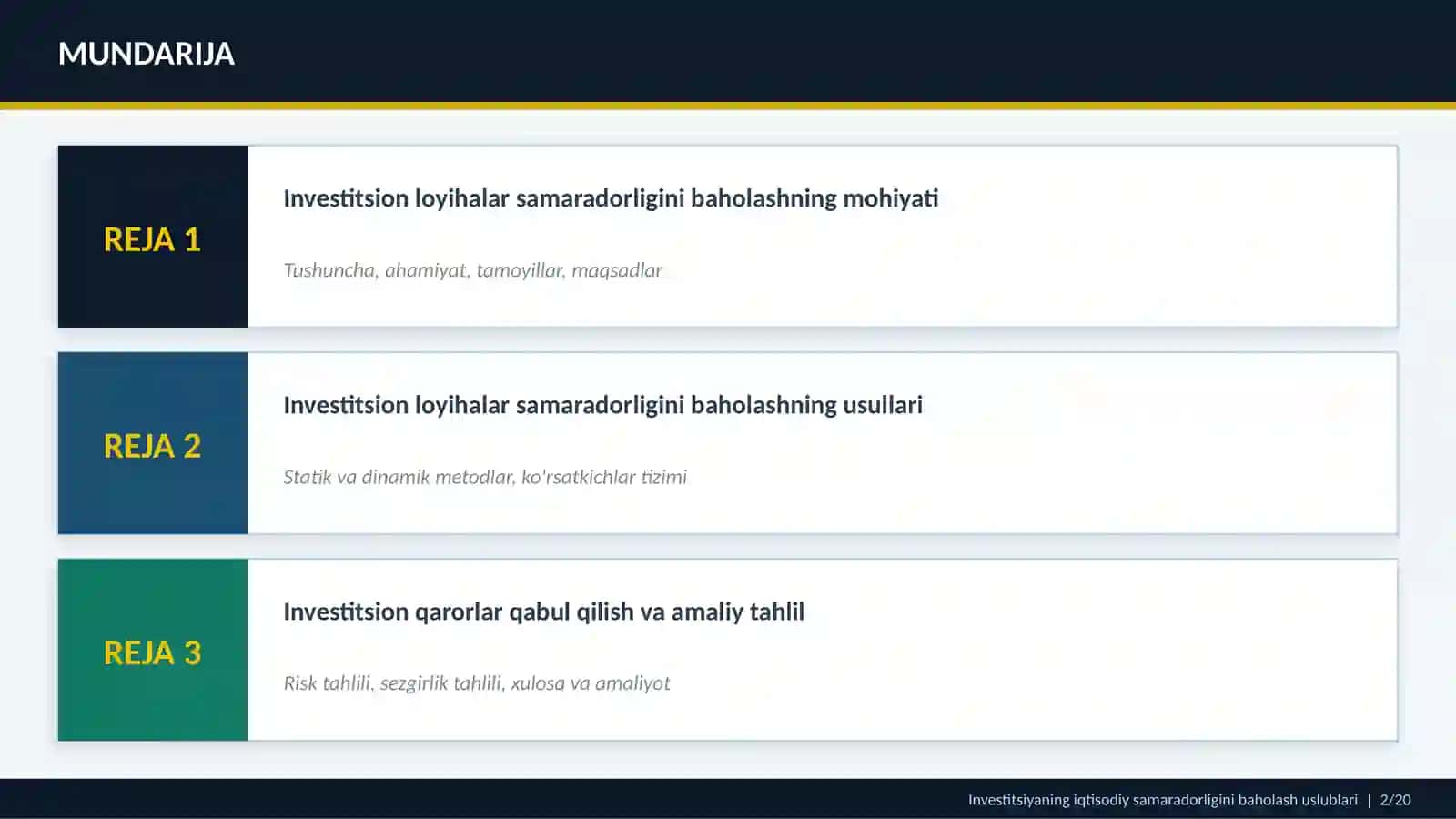 INVESTITSIYANING IQTISODIY SAMARASIDORLIGINI BAHOLASH USLUBLARI VA METODLARI 2