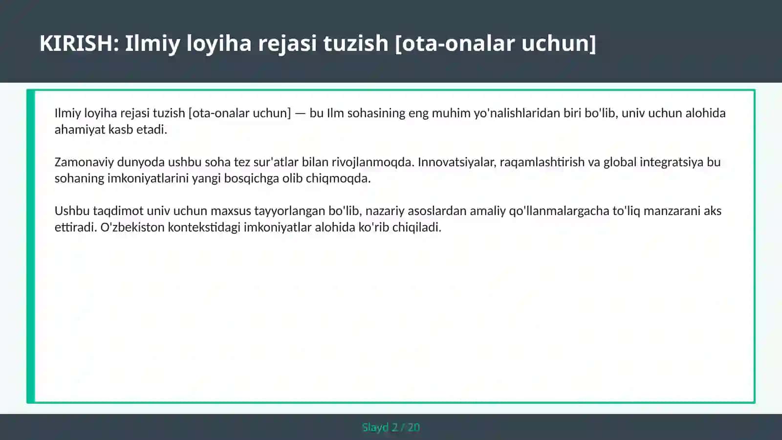 Ilmiy loyiha rejasi tuzish [ota-onalar uchun] 2