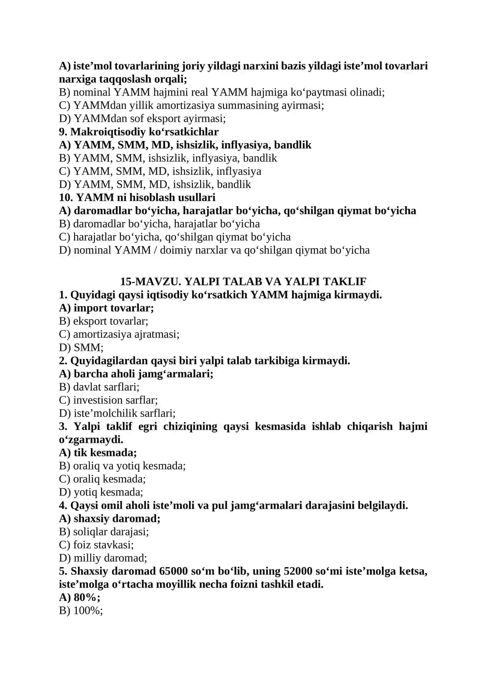 IQTISODIYOT NAZARYASI FANIDAN TEST SAVOLLARI 2026 YIL 2