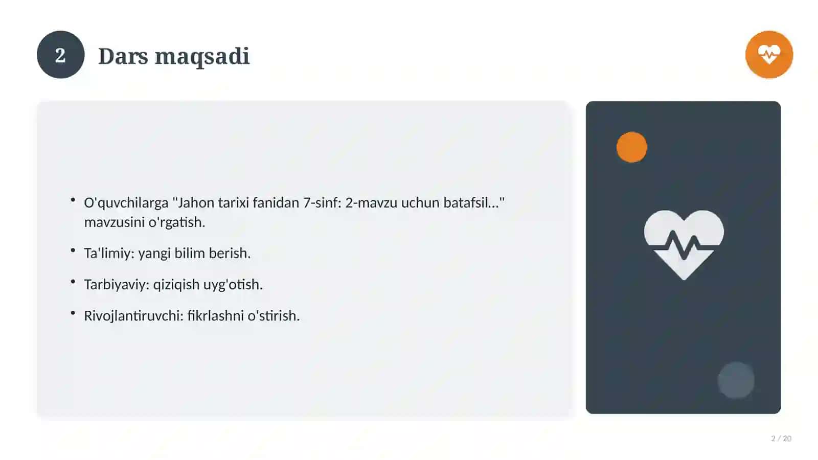 Jahon tarixi fanidan 7-sinf: 2-mavzu uchun batafsil dars ishlanmasi 2