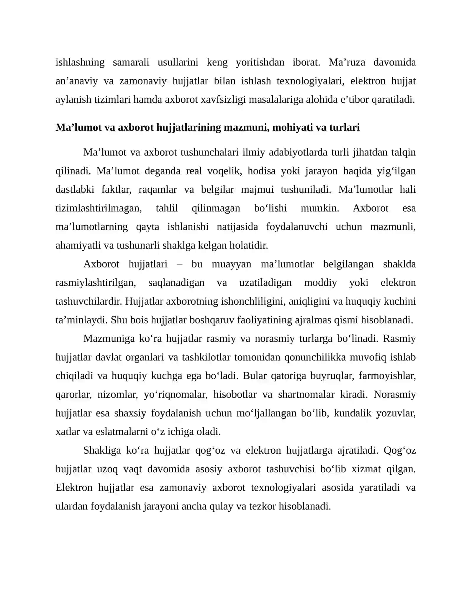 MA’LUMOT VA AXBOROT HUJJATLARI BILAN ISHLASH USULLARI 2