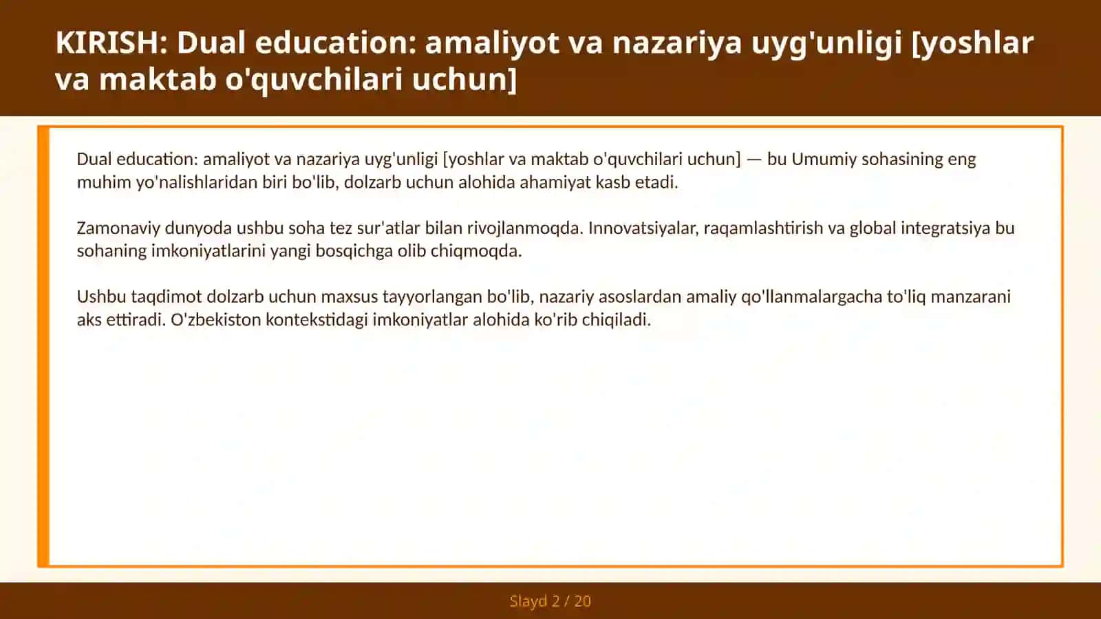 Dual education: amaliyot va nazariya uyg'unligi [yoshlar va maktab o'quvchilari uchun] 2