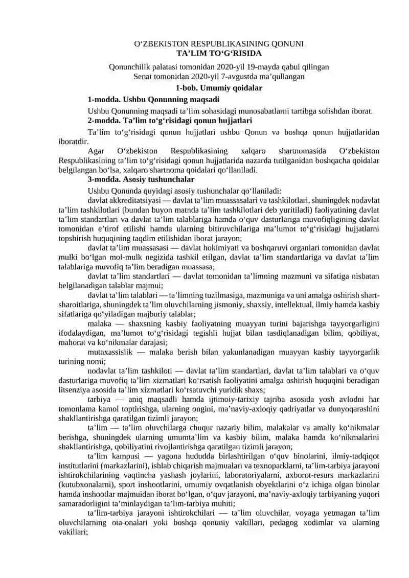 O‘ZBEKISTON RESPUBLIKASI TA’LIM TO‘G‘RISIDA QONUNI 2