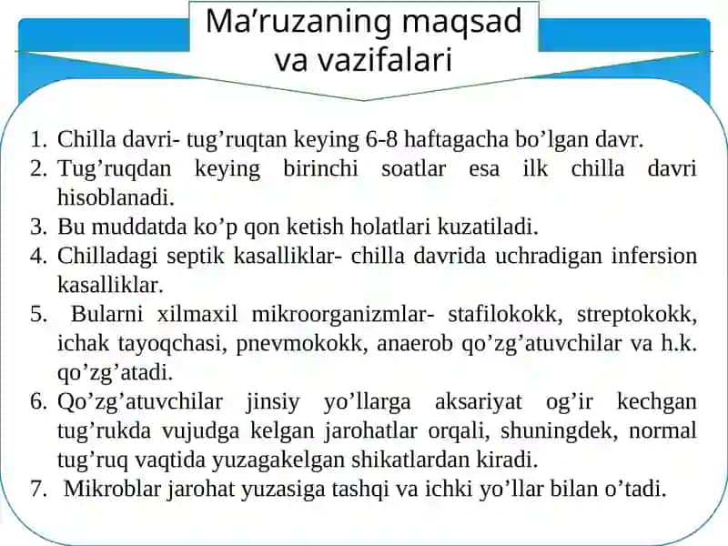 Chilla davri infekstiyalari. Akusherlik peritoniti. 2