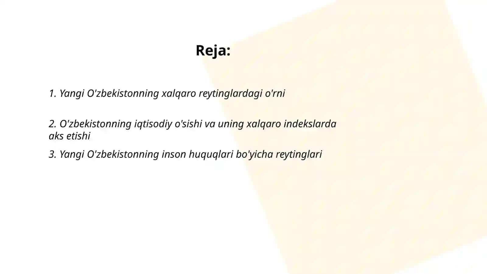 O'zbekiston va jahon hamjamiyati Yangi O'zbekiston ijtimoiy siyosiy iqtisodiy va madaniy hayotida ro'y berayotgan o'zgarishlarning xalqaro reyting va indekslarda aks etishi 2