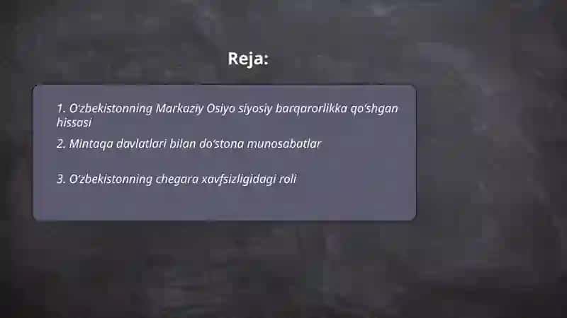 Oʻzbekiston Markaziy Osiyo Tinchlik va barqarorlikni taʼminlashdagi oʻrni Boyuzoqova Sevinch 2