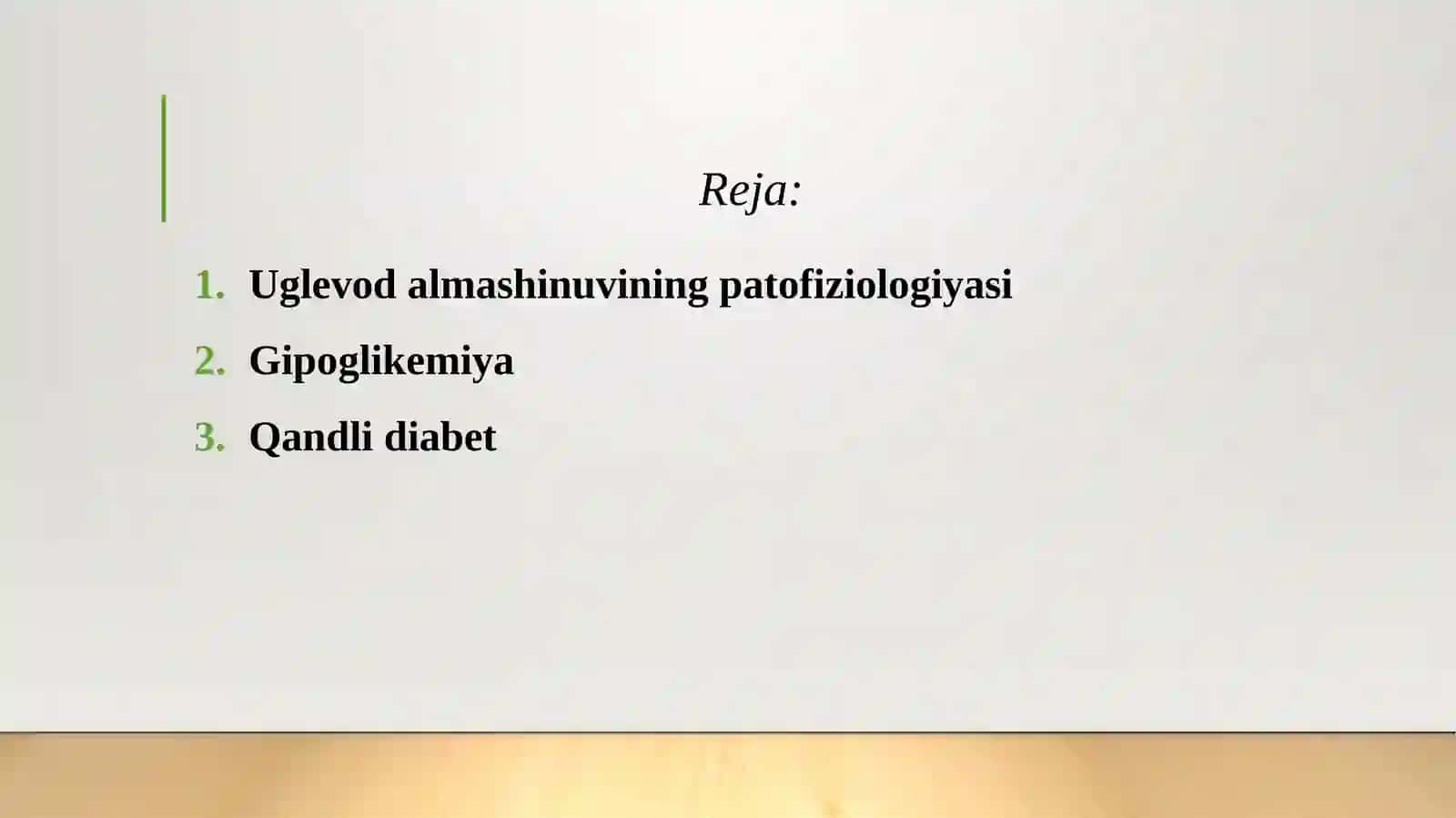 Uglevod almashinuvining patofiziologiyasi. Giper- va gipoglikemiya, etiologiyasi, klinik ko'rinishlari. Prinsiplar gipoglikemiyaning patogenetik terapiyasi. Giperglikemiya. Giperglikemiyaning etiologiyasi va klinik ko'rinishlari. Qandli diabet. Qandli diabet turlari. Qandli diabetning etiologiyasi va patogenezi. Qandli diabetning namoyon bo'lishi. Qandli diabetning erta va kech asoratlari, tamoyillari. 2