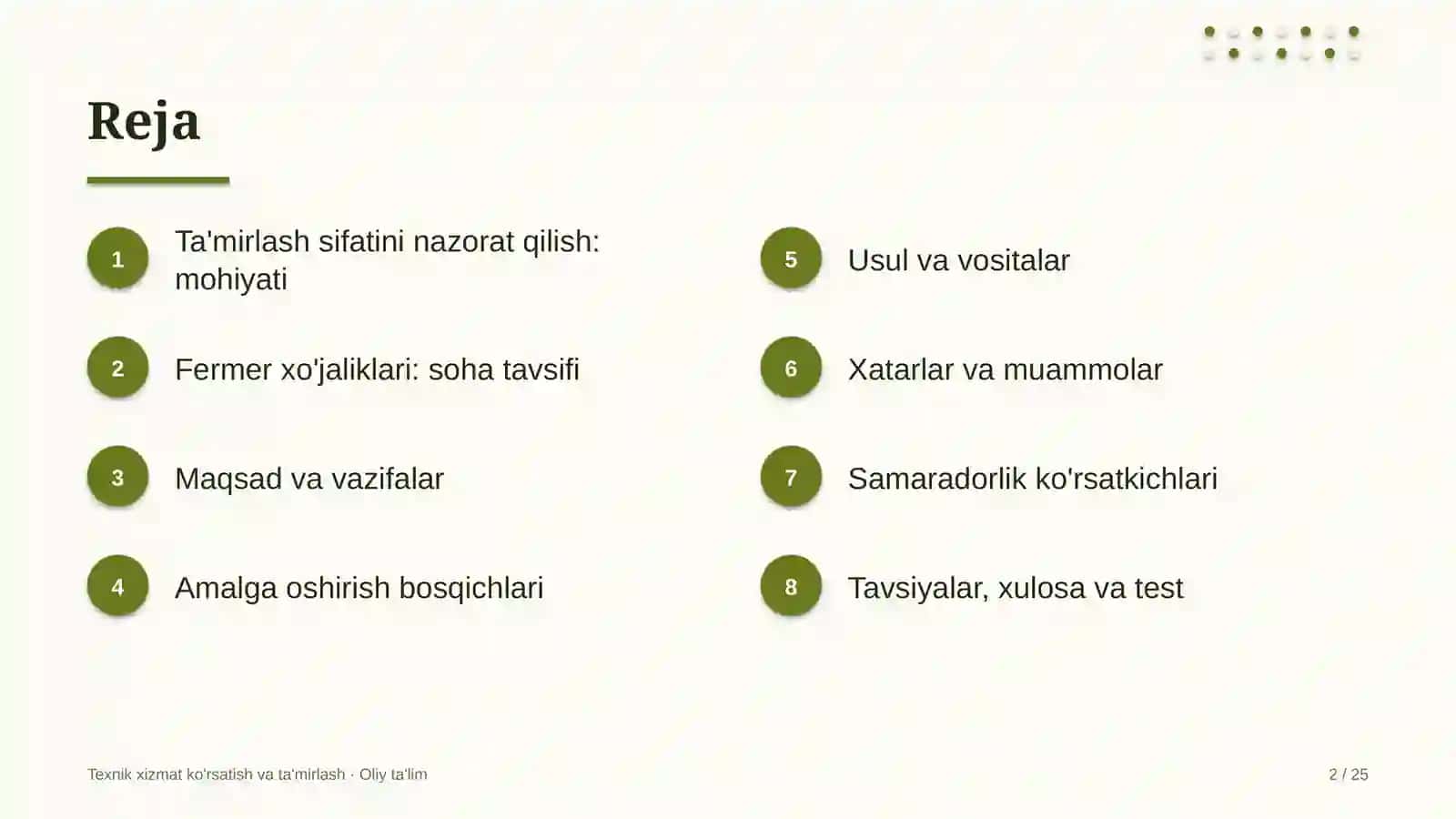 fermer xo'jaliklarida ta'mirlash ishlari sifatini nazorat qilish 8322 2