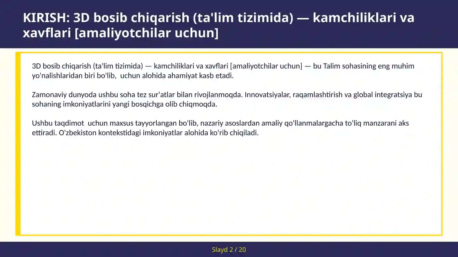 3D BOSIB CHIQARISH (TA'LIM TIZIMIDA) — KAMCHILIKLARI VA XAVFLARI [AMALIYOTCHILAR UCHUN] 2