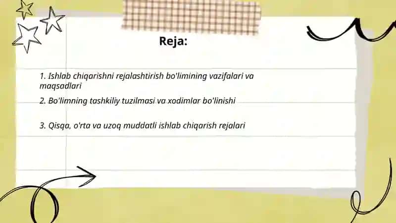 Avtomobil texnikasini ishlab chiqarish korxonasida ishlab ciqarish jarayonini rejalashtirish bòlimi ishini tashkil etish haqida taqdimot yasab bering 2