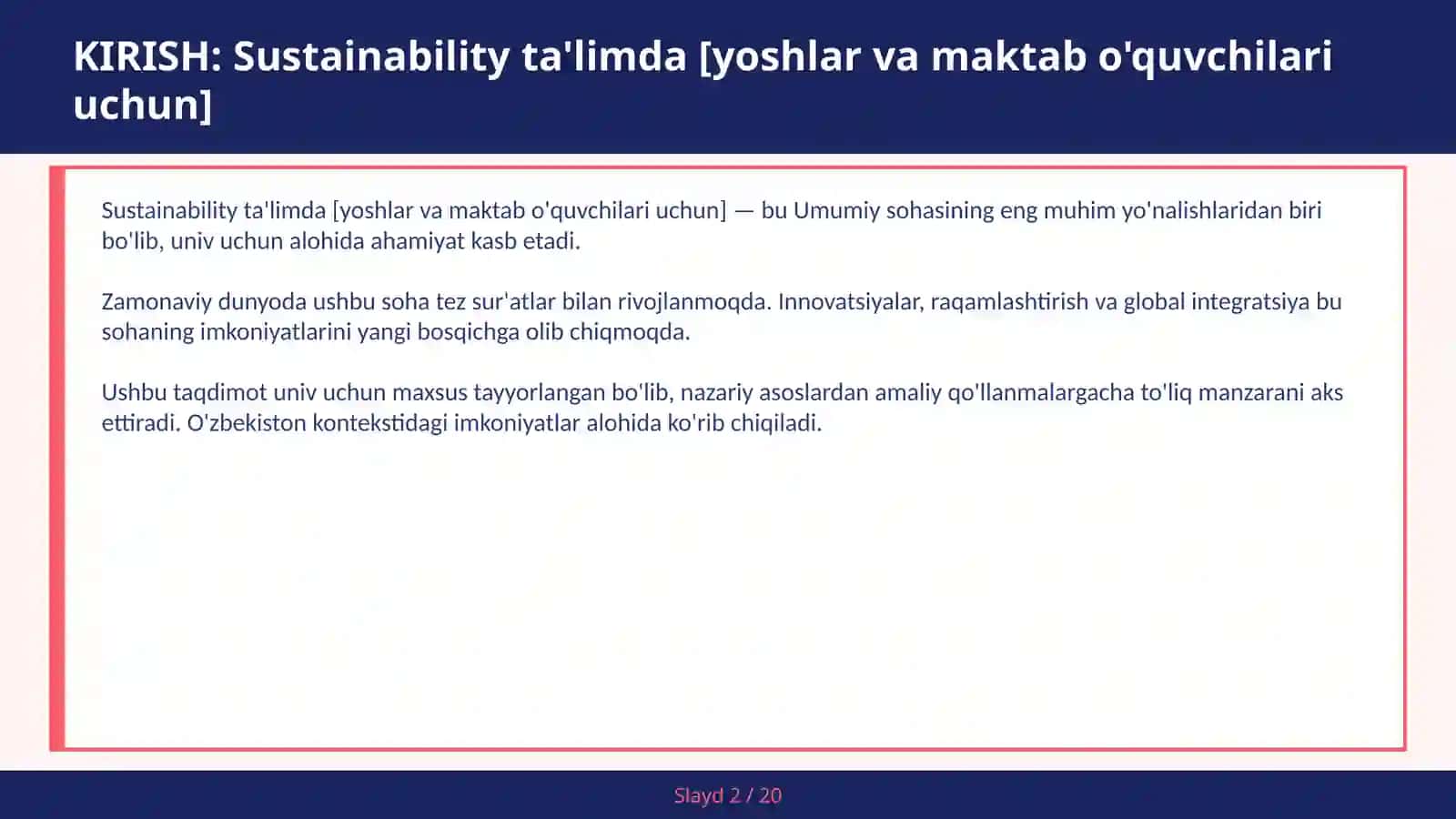Sustainability ta'limda [yoshlar va maktab o'quvchilari uchun] 2