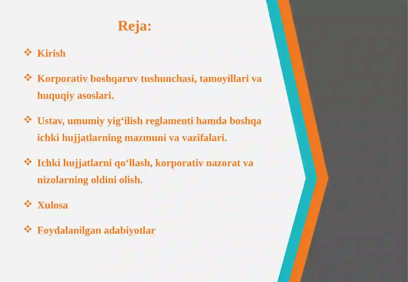 Korporativ boshqaruv tamoyillari va ichki hujjatlar:ustav, umumiy gi'ilish reglamenti va boshqa ichki hujjatlar 2