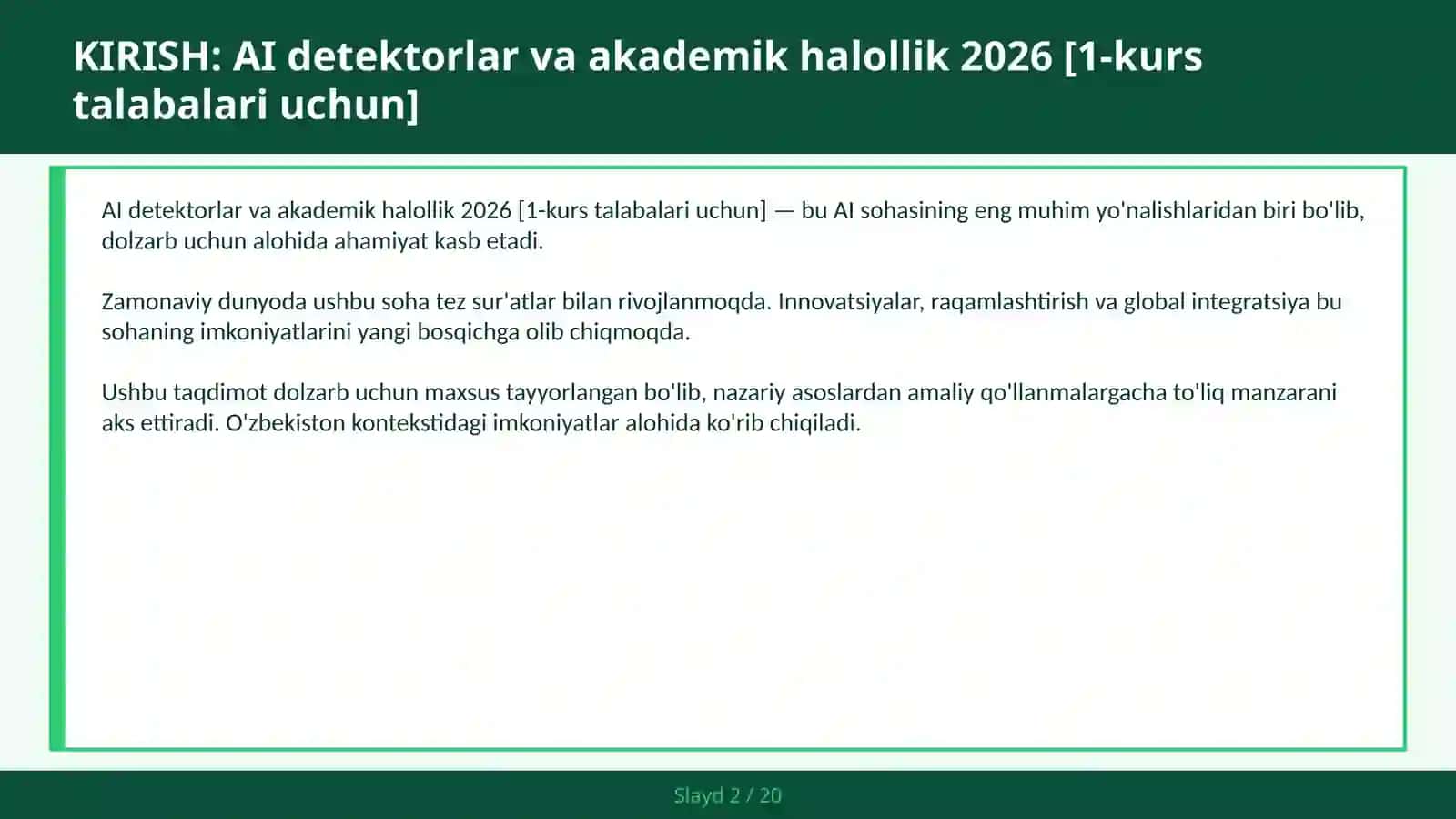 AI DETEKTORLAR VA AKADEMIK HALOLLIK 2026 [1-KURS TALABALARI UCHUN] 2